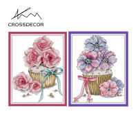 Crossdecor Cross Stitch ชุดด้วยวัสดุประทับตราผ้าใบทำด้วยมือดอกไม้ Series 11CT 14CT เย็บปักถักร้อย DIY เย็บปักถักร้อยด้ายฝ้ายชุดตกแต่งสำหรับ Sala Wall - Rose &amp; Pansy &amp; เค้ก