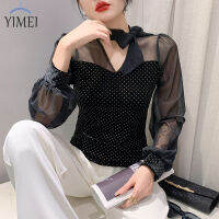 YIMEI เสื้อคอวีเสื้อกำมะหยี่สีทองผูกเชือกสำหรับฤดูใบไม้ร่วงปี2023เสื้อผู้หญิงลายจุดแบบสวมหัวสำหรับผู้หญิงทรงสลิมฟิตและแฟชั่นมุมมองเสื้อแขนยาวด้านล่างสำหรับผู้หญิง