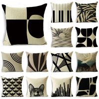 【LZ】 WZH Black and White Collection Geometric Prints Linen Pillowcase Square Bedroom Car Decor Cushion Cover 40cm/45cm and 50cm