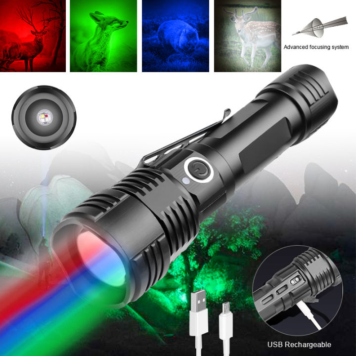 A4in1 Tactical Zoomable LED Flashlight RedGreenBlueWhite light Torch  Outdoor Hunting Fishing Light Waterproof USB RechargeableM Lazada PH