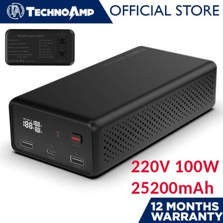 Technoamp AC 220V 100W 25200mAh Lifepo4 AC Power Bank USB C PD 45w super charge Quick Charge 3