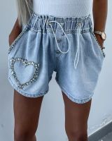 【hot】 Rhinestone Pattern Drawstring Denim Shorts Fashion Jeans Pants