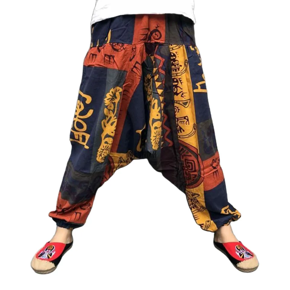 Cherise Men Pants Print Loose Vintage Ethnic Style Deep Crotch