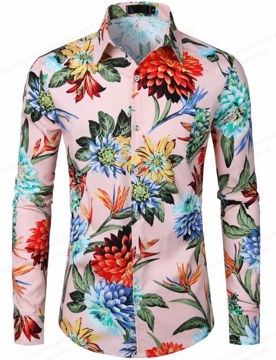 เสื้อแขนยาวลำลองเสื้อฮาวายลายดอกไม้สำหรับผู้ชาย-เสื้อผู้ชายแฟชั่นเสื้อเบลาส์ชายหาดคิวบาเสื้อเบลาส์เสื้อคอวีดอกไม้