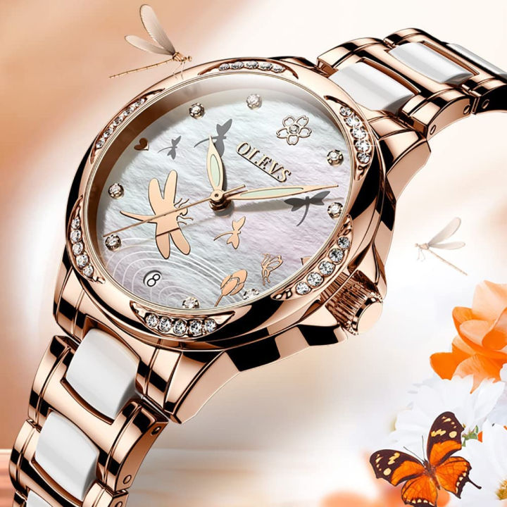 olevs-rose-gold-womens-watches-ceramic-stainless-steel-band-automatic-mechanical-watch-waterproof-luminous-pointer-calendar-diamonds-elegant-watches-for-women-red-blue-white-dial-no-battery-6610g-mb