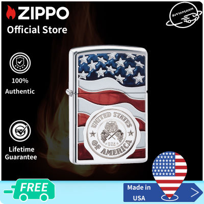 Zippo American Stamp on Flag Design High Polish Chrome Pocket Lighter | Zippo 29395โครเมี่ยมโปแลนด์สูง（ไฟแช็กไม่มีเชื้อเพลิงภายใน）