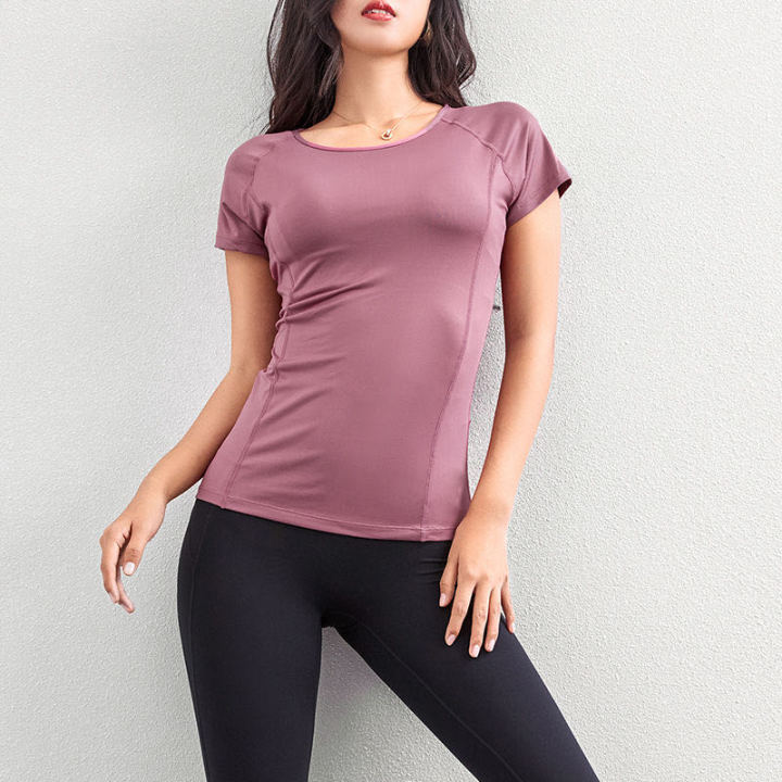 Summer tops gym sexy beauty back quick-drying T-shirt tight-fitting fitness  running stretch women's clothing yoga sports short-sleeved women's  quick-drying suit stretch tight-fitting sports top net red fitness running  training T-shirt
