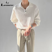 Lansboter เสื้อโปโลวาฟเฟิลของผู้ชายเสื้อเชิ้ตสีทึบแขนยาวเลกกิ้งทรงหลวมสไตล์โคมไฟสไตล์มินิมอล