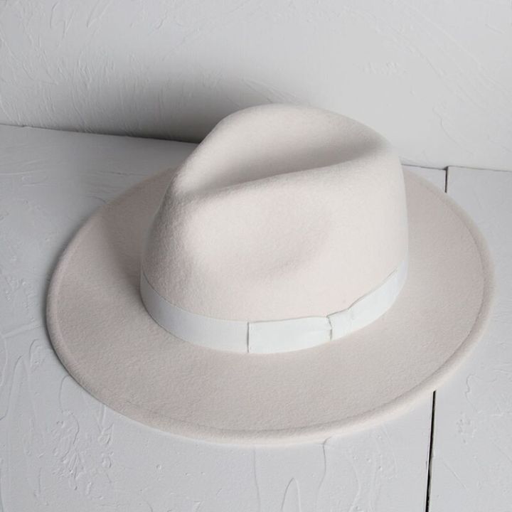 หมวกฟีดอร่าสำหรับสตรีผ้าขนสัตว์สีขาว100% กับหมวกขอบแจ๊สกว้างผู้หญิงผ้าสักหลาดหมวกใส่ไปโบสถ์ขนาด56-58ซม. 6สไตล์