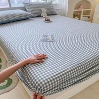 100% Cotton Fitted Sheet With Elastic Band +2pc Pillowcases Plaid Double Queen Cal-King Size Mattress Cover For Girls Boys B99