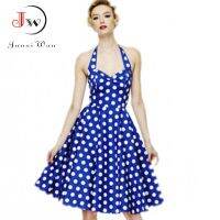 【Ladies shop】ผู้หญิง Polka DotSummer Hepburn 50S 60SDress A-Line HalterRetro Party Dresses Vestidos