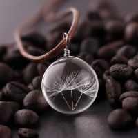 Round Dandelion Dried Flower Pendant Necklace Charm Natural Dandelion Glass Cabochon Transparent Lucky WISH Glass Ball Jewelry