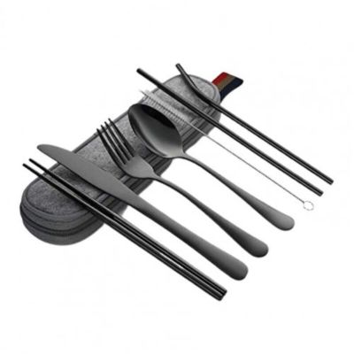 7pcs Stainless Steel Portable Tableware Set Knife Fork Spoon Chopsticks Straw and Brush Products Travel Cutlery Set Flatware Sets