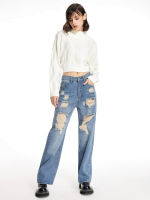 Cider Denim Solid Ripped Wide Leg Jeans กางเกงยีนส์ขายาวผู้หญิง กางเกงแฟชั่นผญ ลุคสตรีท