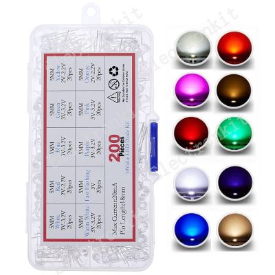 200pcs (10 colors x 20pcs) 5mm LED Diode Kit Set Box F5mm Light Emitting Warm White Green Red Blue Yellow Orange Purple UV PinkElectrical Circuitry Pa