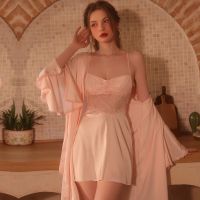 【 WYIN kitchen】 Summer Female Sleepwear Bathrobe Sexy Wedding Bride Nighty amp;Robe Set Patchwork Lace Nightgown Lingerie Loose Satin Home Dress