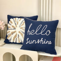 Handmade Cotton Canvas Plush Embroidery Cushion Cover With Rolling Strip Boho Ethnic Yellow Navy  words Pillow Cover 45x45cm Home Decoration