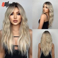 【DT】hot！ Wavy Blonde Ombre Wigs Synthetic with Bangs for Hair Resistant