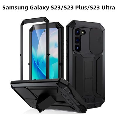 เคสโทรศัพท์มือถือ กระจกนิรภัย ซิลิโคนแข็ง กันกระแทก กันน้ํา กันฝุ่น พร้อมขาตั้ง สําหรับ Samsung S23 Ultra S23 Plus