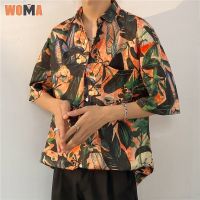 WOMA เสื้อพิมพ์ลายแขนสั้นผู้ชายวินเทจญี่ปุ่นเสื้อเชิ้ตชายหาดฮาวาย