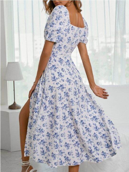 allover-floral-slit-thigh-tie-front-puff-sleeve-ruched-bust-dress-women-square-neck-high-waist-a-line-long-dress-robe