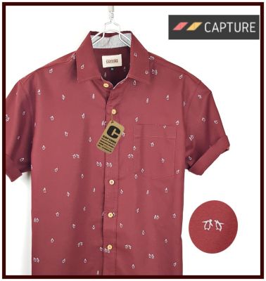 Capture Shirt เสื้อเชิ้ตผู้ชาย แขนสั้น คอปก ลายเพนกวิ้น สีแดง มีถึงอก 48 นิ้ว