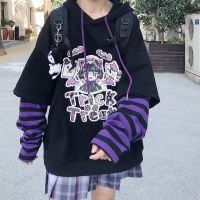 Japanese Hoodie Fake Two Piece Hooded Sweatshirt Striped Patchwork Hoodies Women Clothes for Teens Y2K Anime Harajuku Black Tops