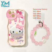 YiaMia เคสโทรศัพท์แฟชั่นสำหรับ Samsung Galaxy S23 S21เฉียบ S30พิเศษเคสโทรศัพท์แบบตั้งได้ลายการ์ตูน Hello Kitty น่ารักสร้างสรรค์3D ขอบคลื่นฝาหลัง TPU แบบนิ่มพร้อมสายรัดข้อมือ