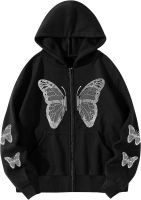 SHENHE Womens Zip Up Butterfly Print Graphic Hoodie Thermal Sweatshirt with Pockets