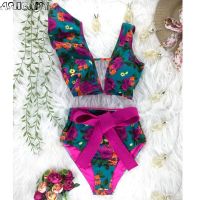 hotx 【cw】 2023 New Floral Ruffled Set V-neck Waist Piece Swimsuit Beach Bathing Swimwear Biquinis