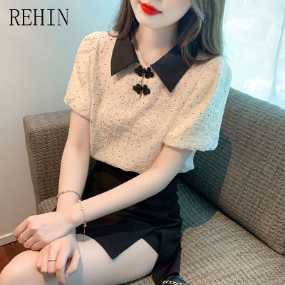 REHIN เสื้อผู้หญิงพิมพ์ลายแขนพัฟ S-Xl,เสื้อแขนสั้นพิมพ์ลายฉบับภาษาเกาหลีหรูหราสำหรับฤดูร้อน