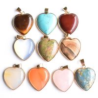 【hot】✵✹♕  wholesale 10pcs/lot fashion good quality  natural stone mixed gold lside heart pendants 25mm for making free