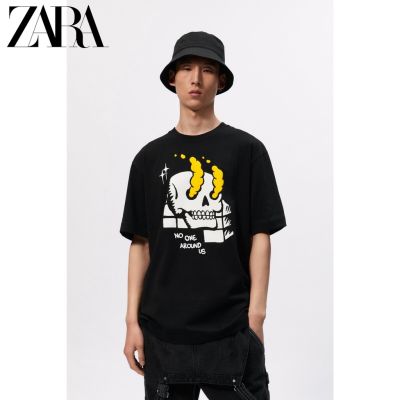 เสื้อยืดผู้ชายลายผ้าฝ้ายแขนสั้นกะโหลกใหม่ ZARA 0495421 800