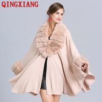 Fashion Cloak Knitted Out Streetwear Coat Women Cape Grande Big Faux Fox Fur Trim Collar Loose Long Batwing Sleeves Poncho Cape