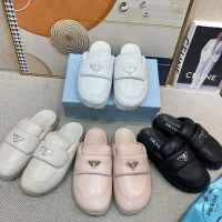 Spring/Summer 2023 PradaˉNew Genuine Leather Round Head Slippers Womens Round Head One Step Lazy Man Triangle Bread Muller Womens Shoes