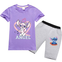 Stitchs ชุดกางเกงขาสั้นเด็กแขนสั้น Angel สำหรับฤดูร้อนฤดูใบไม้ร่วงและเด็กหญิงเด็กชายเสื้อยืดชุด Unisex เสื้อผ้าฝ้าย0000