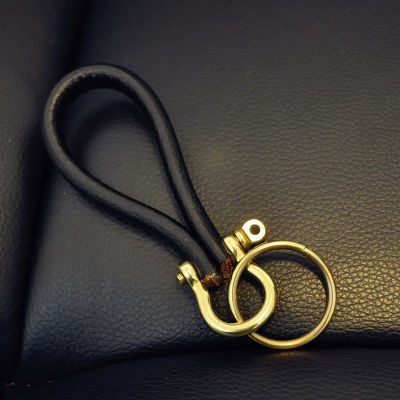 พวงกุญแจจี้กุญแจสีทองทำด้วยมือทองเหลืองแท้ตะขอกุญแจโลหะหนังวัวแท้สำหรับผู้ชายและผู้หญิง