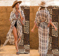 พิมพ์ Beach Cover Up เซ็กซี่ผู้หญิง Pareo Beach Tunic Kaftan กับเข็มขัด Sarong Kimono Beachwear