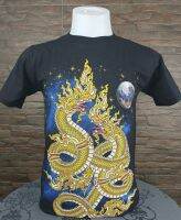 เสื้อยืด ลายไทย คอกลม สีดำ ลายพญานาคคู่พระจันทร์ T286A BLACK เนื้อผ้าคอตตอนแท้ 100% ใส่สบาย ใส่ได้ทั้งผู้หญิงและผู้ชาย แฟชั่นวัยรุ่นลายสวยๆ