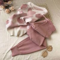 【DT】hot！ Printing Knitted 2 Piece Tracksuit Short Sleeve Beading Sweater Female Tops pants Pink