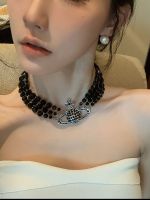 Vivienne Westwood สีดำหงส์ตะวันตกที่สง่างามหลังจากดาวเสาร์ Chocker สร้อยคอคริสตัลสีดำสามชั้นสร้อยคอโซ่คล้องคอลแลร์โบนของคนดังในเว็บ