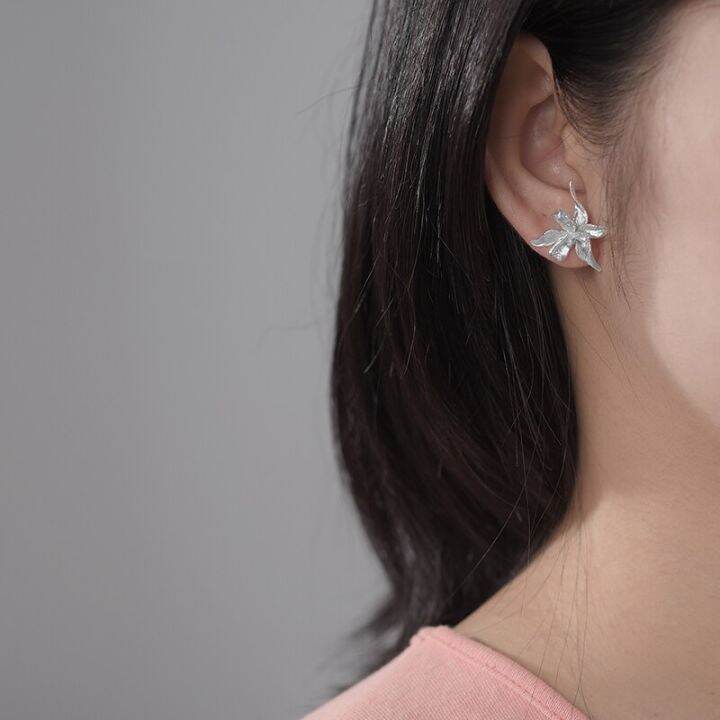 ต่างหูหมุดดอกไม้ไอริสสวยสง่ารูปดอกบัวสวมสบายหู18k-925เงินสเตอร์ลิงแท้เครื่องประดับอย่างดีดีไซน์ทำด้วยมือ