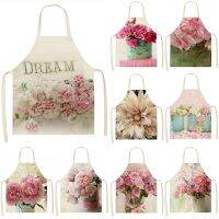 Pink Rose Flower Pattern Kitchen Sleeveless Aprons Cotton Linen Bibs 53*65cm Household Women Cleaning Cooking Apron 46424 Aprons