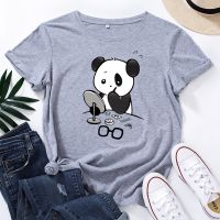 COD DSFERTRETRE Make Up Panda Mirror Glasses Humor T Shirt Women Cute Panda Bear T-Shirt Animal Graphic Tee Summer Cotton Short Sleeve Tops