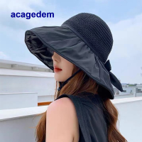 Acagedem หมวกกันแดดยางสีดำ UV สำหรับผู้หญิงหมวกกันแดดกลางแจ้งหมวกปีกกว้างหมวกชายหาดหมวกชาวประมง