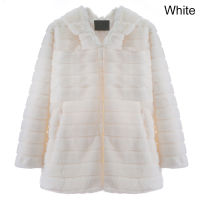 Lof ผู้หญิงหนาฤดูหนาว Warm Hooded Jacket แขนยาว Faux Fur Coat Furry Plush Outerwear หลวมสบายๆสีทึบ