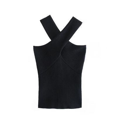 Elegant Black Simple Cross Strap Knitted Tanks Top  New Summer Camisole Sleeveless Underwear Overlapping Blouse
