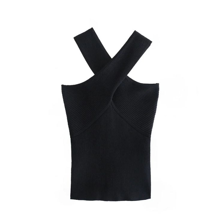 elegant-black-simple-cross-strap-knitted-tanks-top-new-summer-camisole-sleeveless-underwear-overlapping-blouse