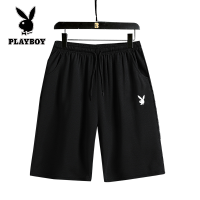 PLAYBOY Official Store กางเกงขาสั้นลำลองแบรนด์สีดำห้าจุดกางเกงเอวยางยืดกางเกงขาสั้นสีดำ