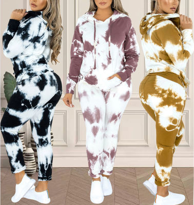 Womens 3 Piece Marble Tie Dye Sweatsuit and Hoodies Tracksuit Sweatpants Pullover Joggers Casual Set